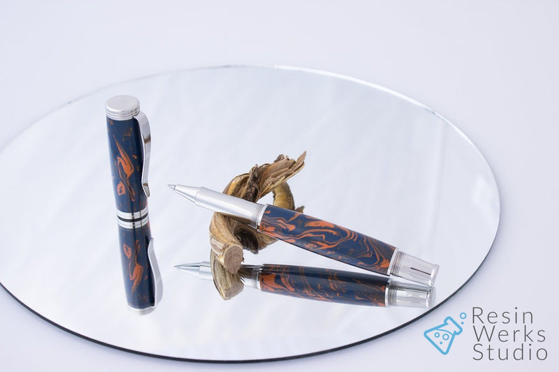 "War Eagle" Pen Blanks on Desire Pen kit burnt orange and navy blue color swirl by nv woodwerks